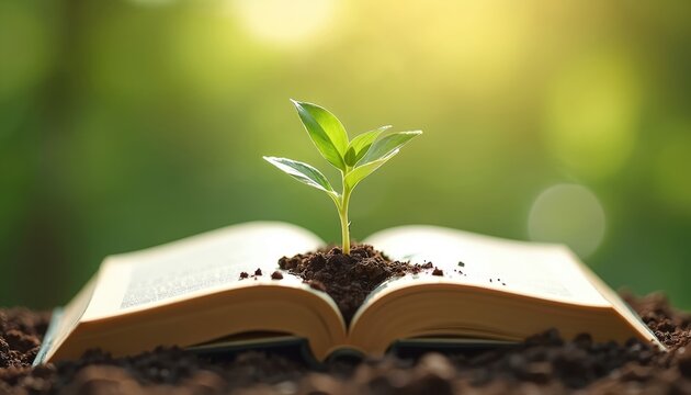 Young seedling sprouting from open book. Symbol of growth knowledge nature. Green plant grows from pages. Represents education environment sustainability concepts.