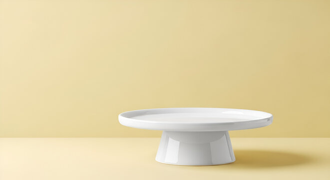 A minimalist white ceramic pedestal cake stand centered on a pastel yellow background for food or product presentation. - Powered by Adobe