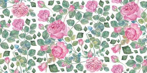 Romantic vintage floral pattern with pink roses and green leaves, watercolor effect