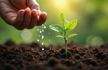 Hand waters seedling tree. Growing plant represents Earth day concept and environmental protection. Spring, new life, eco sustainable resources, energy for future.