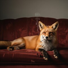 A cunning fox lounges on a plush red velvet couch, casually smoking a cigarette with an air of worldly wisdom and nonchalant charm, creating a surreal and captivating scene .
