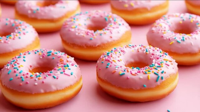 A festive array of pink-frosted donuts with sprinkles evokes celebrations like birthdays and National Donut Day, highlighting sugary delights and confectionery aesthetics