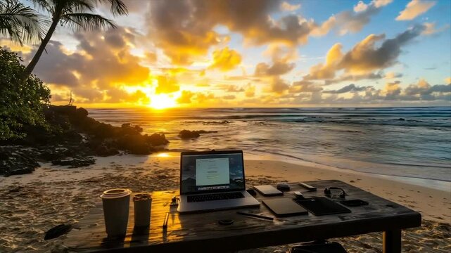 Tropical sunset beach workstation; laptop, coffee, tablet