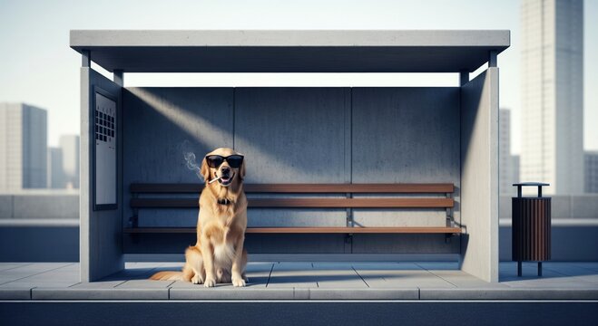A golden retriever in sunglasses smokes a cigarette at a bus stop in the city on a sunny day, creating a unique and humorous image