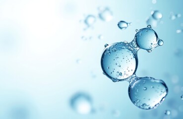 Fototapeta na wymiar Close-up of blue water molecules floating. Transparent spheres with bubbles, light reflections. Abstract background evokes freshness, purity for science projects, tech, eco concepts.