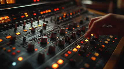 An audio mixer with four level sliders, one hand pushing a lever, styled like conceptual playlists with light gray tones, energetic gestures, and a mix of digital and manual elements...