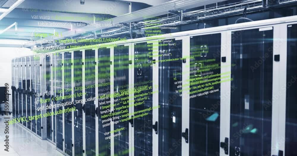 Poster neon green code materializing over server cabinets, cascading then scrolling simulating processing