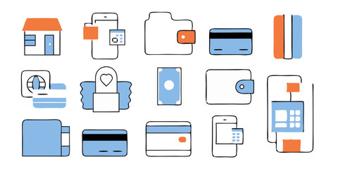 Payment options. Linear icon set. Payment vector icons. Outline payment method symbols. Money transfer. Banking, credit card, cash and transaction symbol. Vector illustration