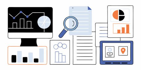 Clean Design Symbols for Business Analytics, Economic Trends, and Document Management. Vector illustration