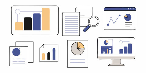 Illustrative Outline Icons Representing Market Research, Statistical Data, and Performance Metrics. Vector illustration