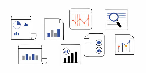 Minimalist Line Art Set of Business Reports, Data Analysis, and Financial Charts on Documents. Vector illustration