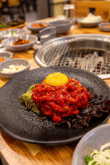 Korean traditional raw beef food. Korean beef yukhoe