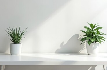 Minimalist interior features white desk with two potted plants against white wall. Plants add freshness, natural decor. Clean design. Ideal for modern home, office, workspace. Minimalist lifestyle,