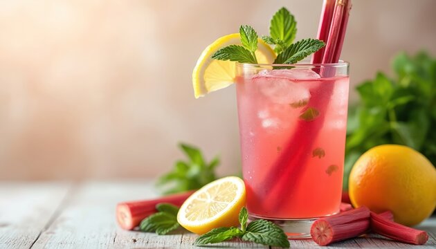 Refreshing rhubarb lemonade glass with vibrant pink hues. Garnished with fresh mint, lemon, rhubarb stalks. Summer drink concept with natural ingredients. Healthy drink for detox, healthy lifestyle. - Powered by Adobe
