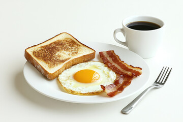 Homemade American breakfast. Fried eggs with bacon and toast, a cup of coffee and a fork on a white table. Healthy breakfast. The concept of healthy eating