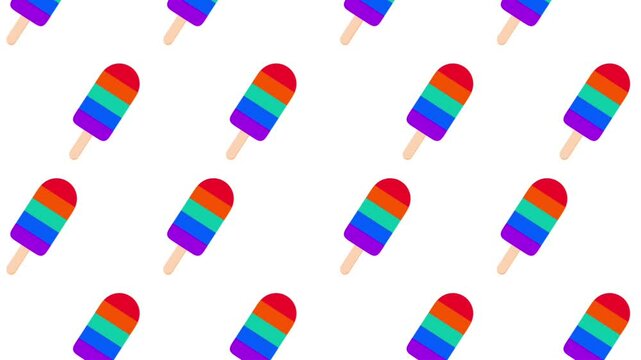 Diagonal rows of rainbow-colored popsicles on a white background forming a lively and festive design perfect for summer-themed visuals