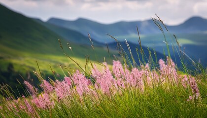 Naklejka premium beautiful pink wild grass with small flowers against the backdrop of a green meadow and blurred mountains