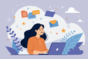 Modern Digital Illustration of Woman Using Laptop with Cloud Files and UI Elements