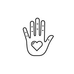 Fototapeta premium Line art hand with heart illustration in minimalist style . Linear icon on a transparent background.