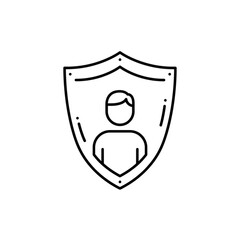 A line icon of a shield with a human symbol inside on a transparent background. Symbolizes: protection of individual rights.