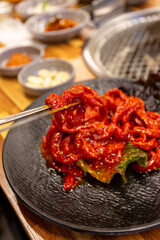 Korean traditional raw beef food. Korean beef yukhoe