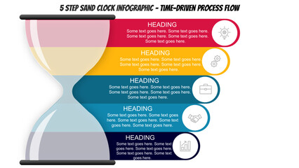 Time-Driven Process Flow. 5 Step Hourglass Infographic Timeline with Color Segments and Icons. 5 Step SAND Clock Infographic designed using Color Palette. Fully editable vector SVG file for powerpoint