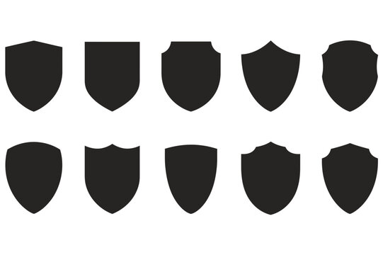 Collection of ten different shield silhouettes arranged in two rows evenly