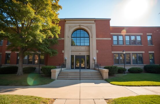 Exterior view of classic American school building. Entrance facade with brickwork, large windows, and plants. Sunny day with tree and blue sky background, steps. Back to school concept.