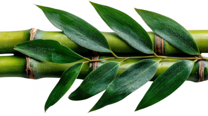 Two green bamboo stems with lush leaves isolated on transparent background
