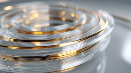 A series of gold and clear beads are arranged in a spiral pattern. The beads are shiny and reflective, giving the impression of movement and energy. Scene is one of elegance and sophistication