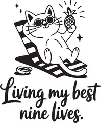 A whimsical black-and-white birthday card featuring a blissful cat lounging with a pineapple cocktail under sunbeams. Handwritten text 