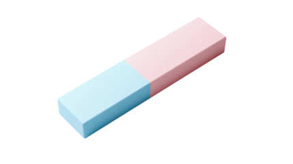 
A half-pink, half-blue eraser isolated on a clean white background, showing a simple, minimal, colorful school stationery object.