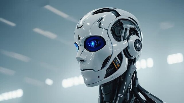 Robot with blue eyes and a white face stands in a white room