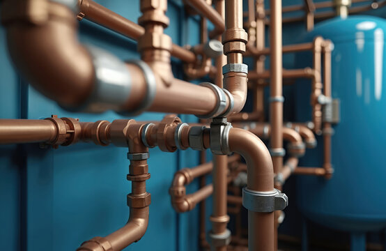 Copper pipe layout in boiler room. Plumbing installation, gas equipment, water heater system. Engineering, construction, home heating, central heating, water supply tech. No people.