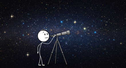 Stick figure astronomy telescope stars space galaxy cosmos universe exploration science cartoon illustration