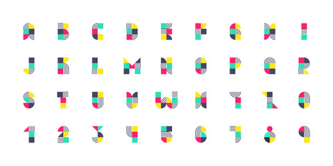 Geometric Bauhaus Alphabet and Numbers Vector with Linear Details and Decorative Shapes on White Background