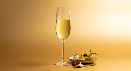 Elegant flute of chilled sparkling wine and gourmet canapés on a luxurious golden gradient background for a celebration