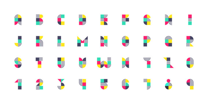 Geometric Bauhaus Alphabet and Numbers Vector with Linear Details and Decorative Shapes on White Background