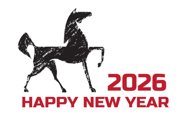 Horse Year 2026 New Year's Card Template. Grunge horse	