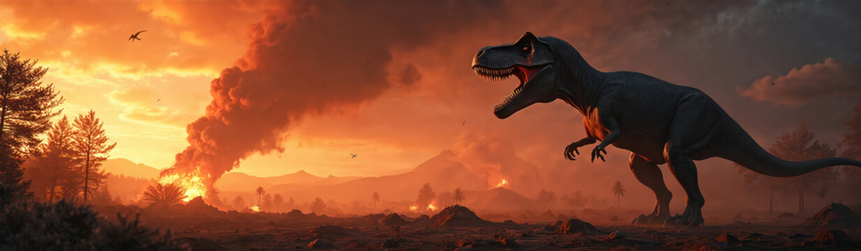 Tyrannosaurus Rex roars in fiery apocalypse. Dinosaur faces extinction event. Burning world landscape, fiery sunset, smoke ash ruins, catastrophic impact aftermath.