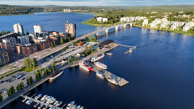 Golden Hour Drone View of Kuokkalan Silta and Jyv&auml;skyl&auml; Harbor in Summer Evening