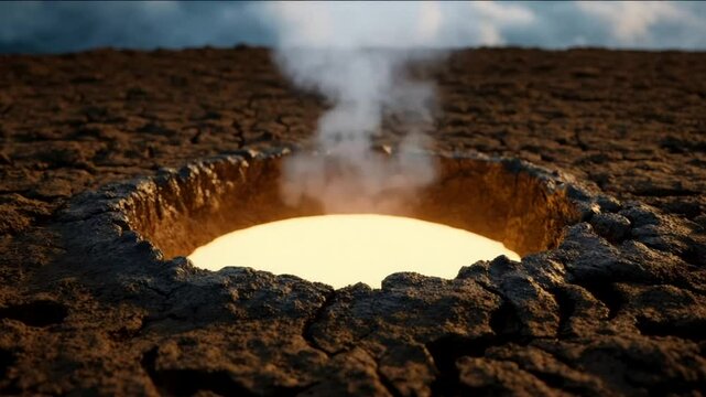 A volcanic crater emits steam on a rugged landscape, illustrating geological activity, geothermal energy, and natural phenomena includes fumaroles and tectonic features