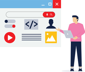 Vector flat illustration of web UI-UX design. Web development concept. Team designers creating functional web interface design for website.

