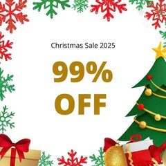 Christmas Sale202599 Percent Off Gold Text Red Green Snowflakes Christmas Tree Gift Boxes Ornaments White Background Holiday Discount
