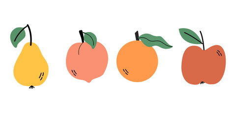 A set of fruits drawn in a flat style. A fruity collection of healthy organic piants.