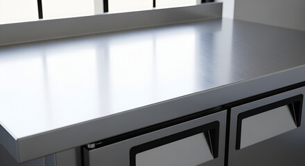 Gleaming stainless steel worktop in a professional kitchen. Reflective metal surface with integrated drawers, ideal for a modern culinary background.