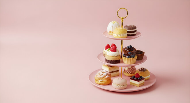 Elegant assortment of miniature cakes and pastries on a three-tiered stand against a soft pink background with copy space.