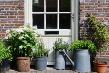 Charming outdoor garden display with various plants and flowers beside a white door in a quaint brick building during a sunny day