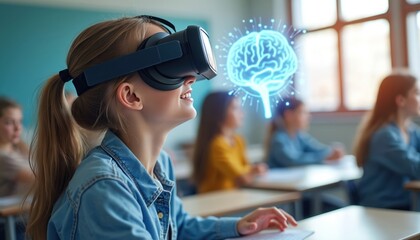 Teenage girl uses VR headset in classroom setting. Educational tech, virtual reality learning. Student explores interactive digital lesson, with brain icon. Modern education, futuristic concept.