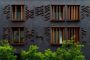 Fototapeta premium Contemporary urban architecture showcasing intricate facade design and vibrant greenery in a modern building during daylight